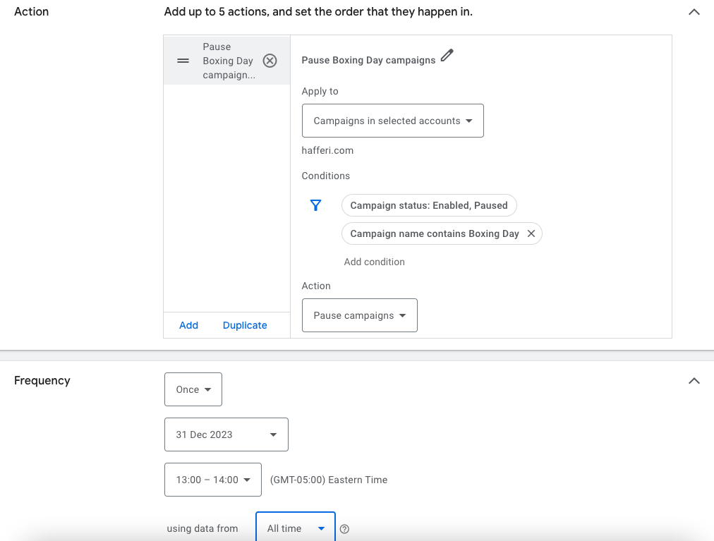 Google Ads automated rule: Change status on a specific date
