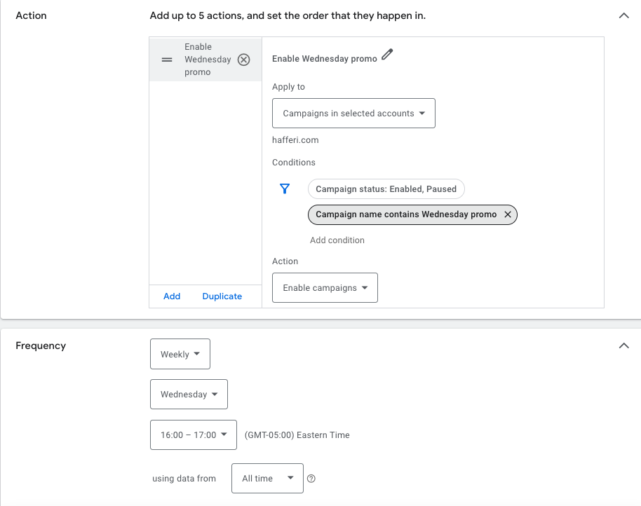 Google Ads automated rule: Change entity status during certain days of the week