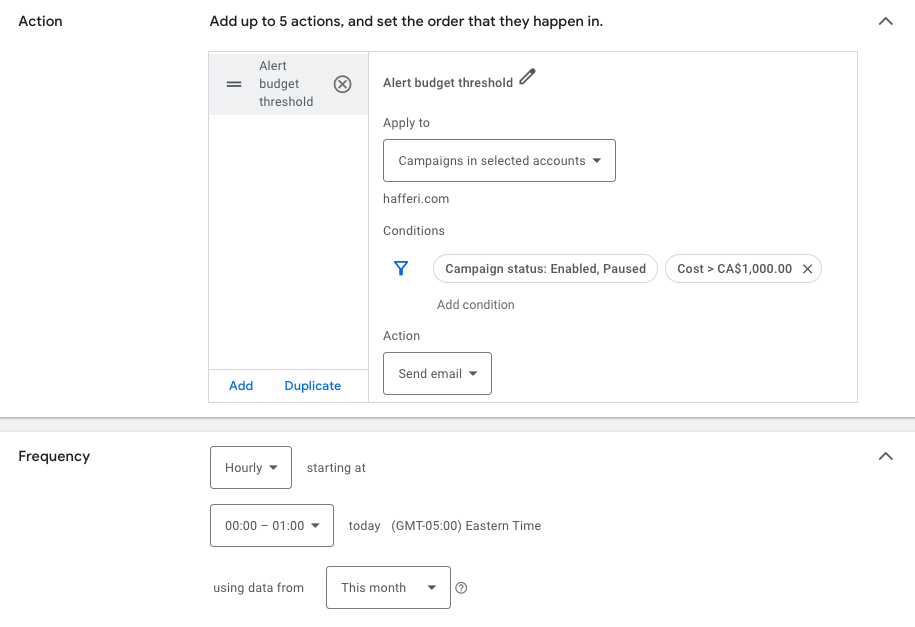 Google Ads automated rule: Limit costs AND alert the team