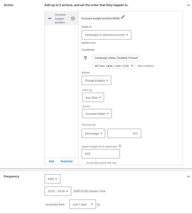 Google Ads automated rule: Adjusting budgets according to campaign performance