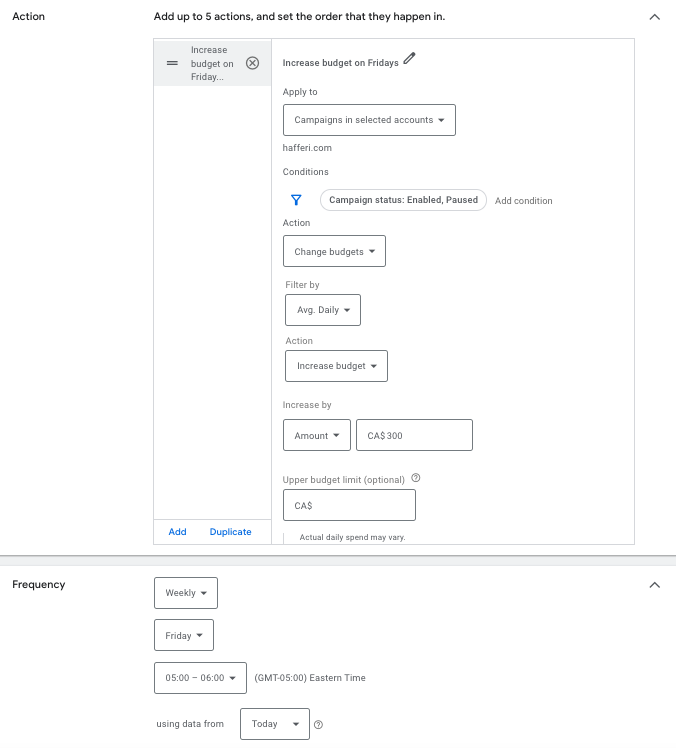 Google Ads automated rule: Adjusting budgets according to the day of the week performance